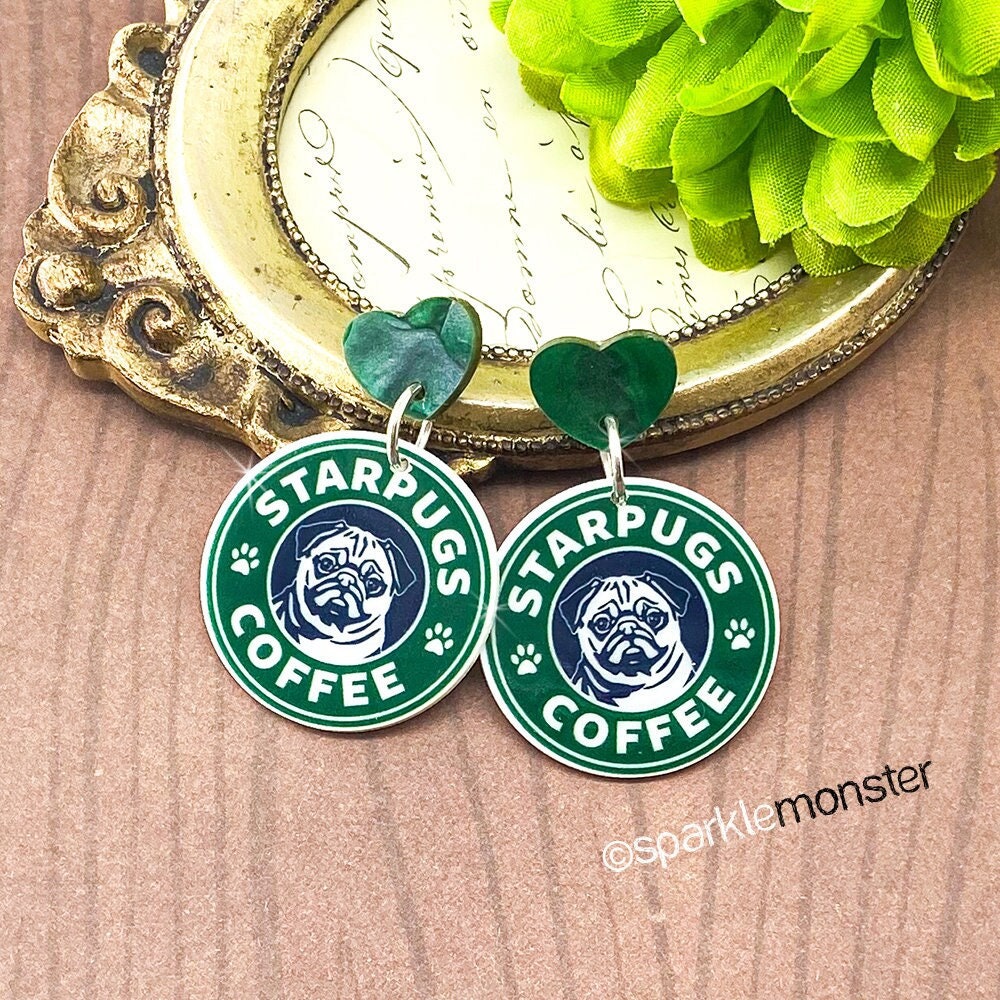 I Love Pugs and Coffee - acrylic earrings, laser cut pearl green hearts, charms, cute, funny