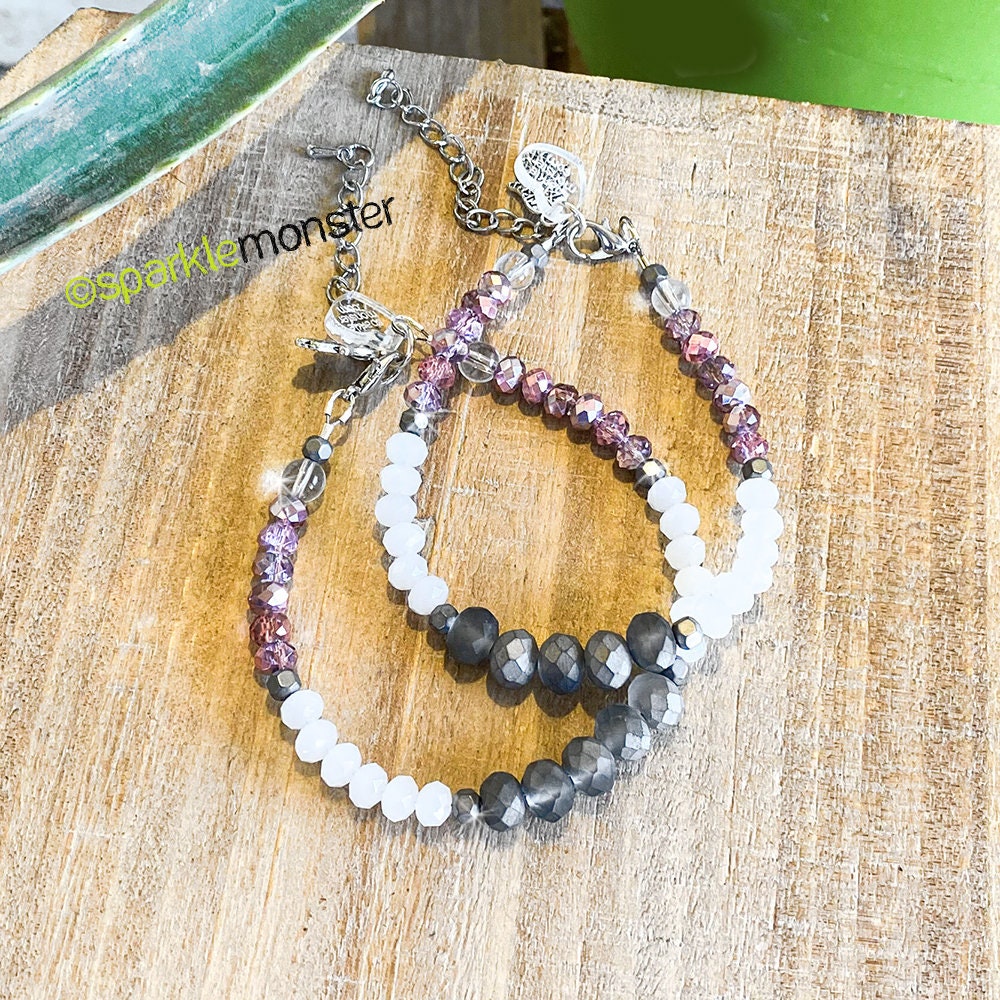 Pink and Gray, adjustable gemstone bracelet, US seller, white crystals, beaded, luxurious, Hamsa Hand, size large