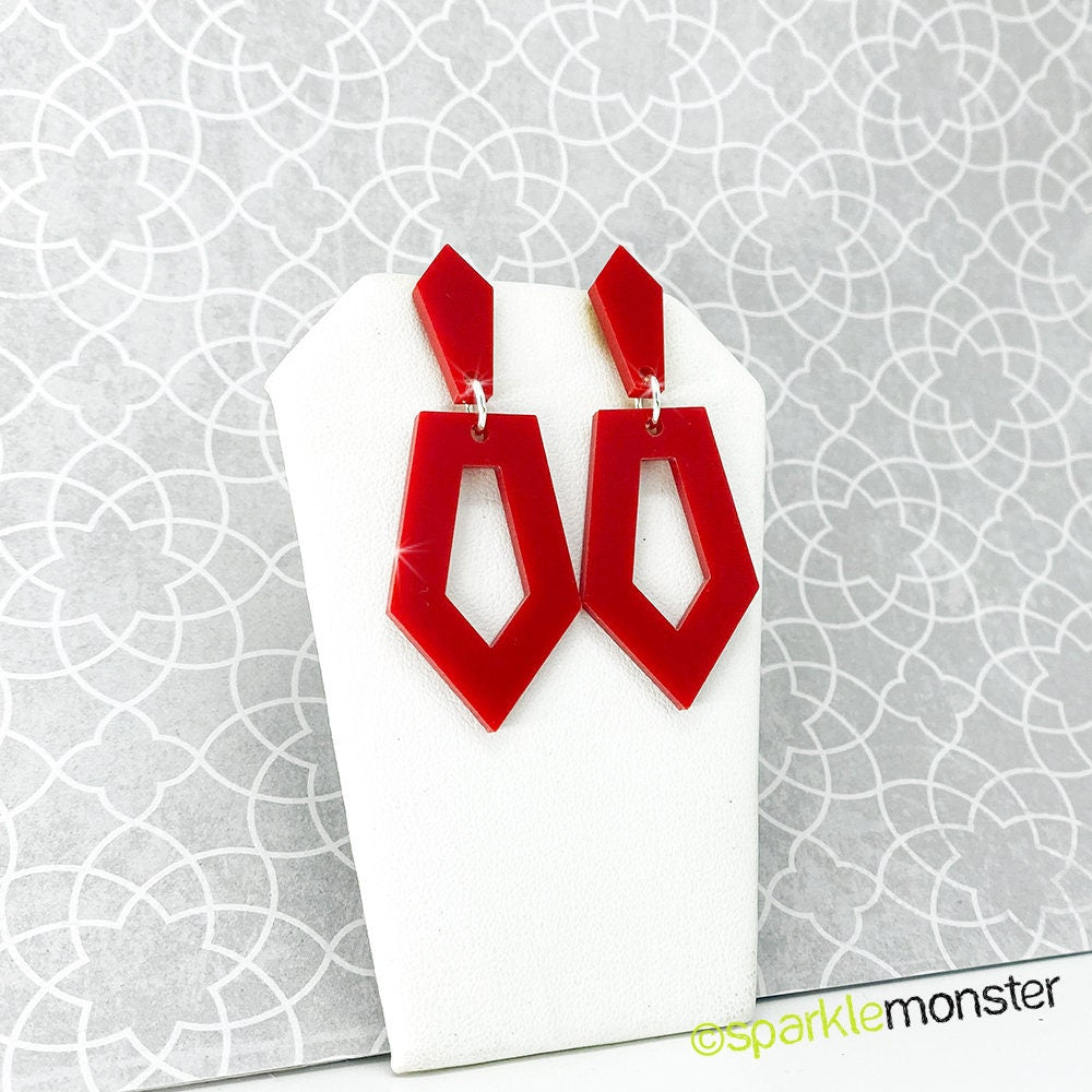 Everyday Art Deco - dangle earrings, gloss red, laser cut acrylic, post back, retro, lightweight, vintage style, geometric, glam