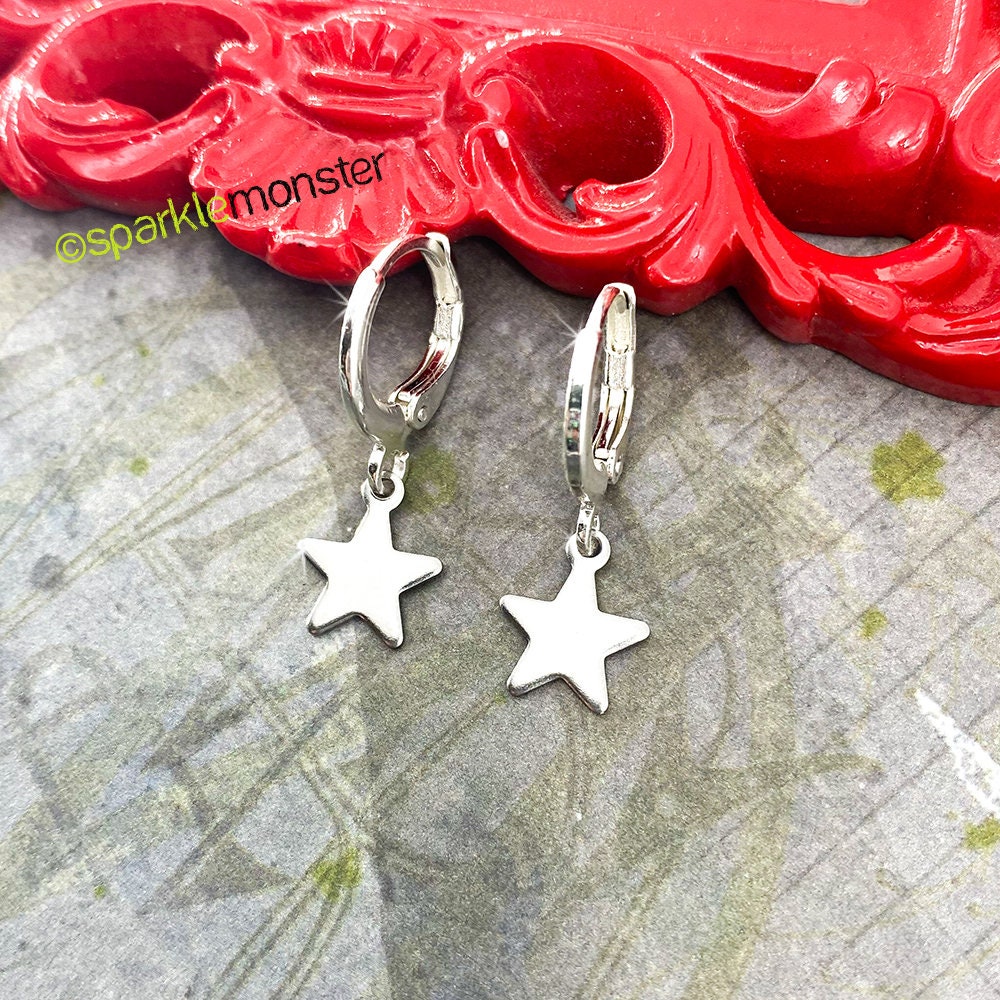 SALE Star Huggies, small hoop earrings, hinge back, silver, petite, cute, trendy