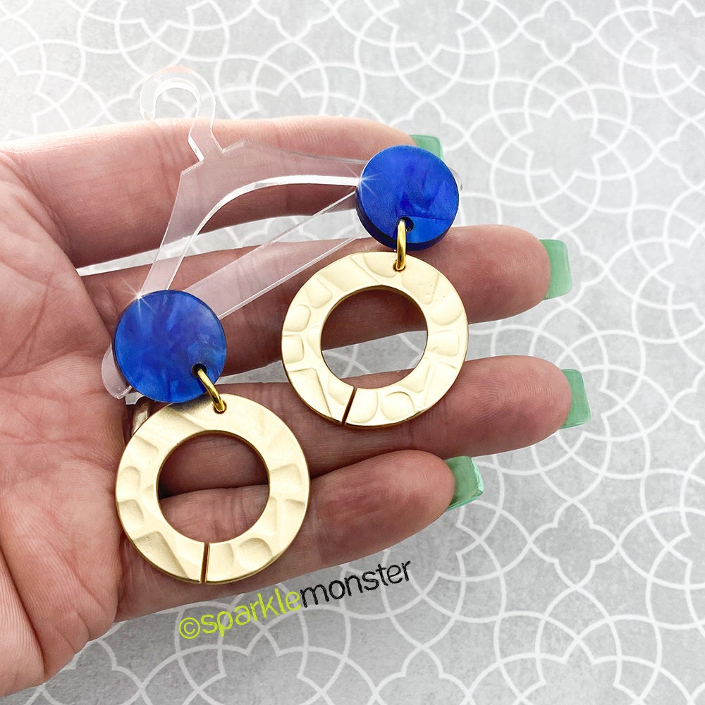 SALE Blue Monday - gold circle dangle earrings