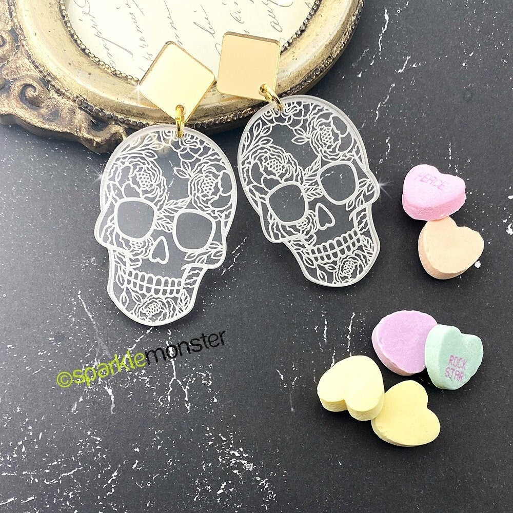 SALE Floral Skulls acrylic earrings