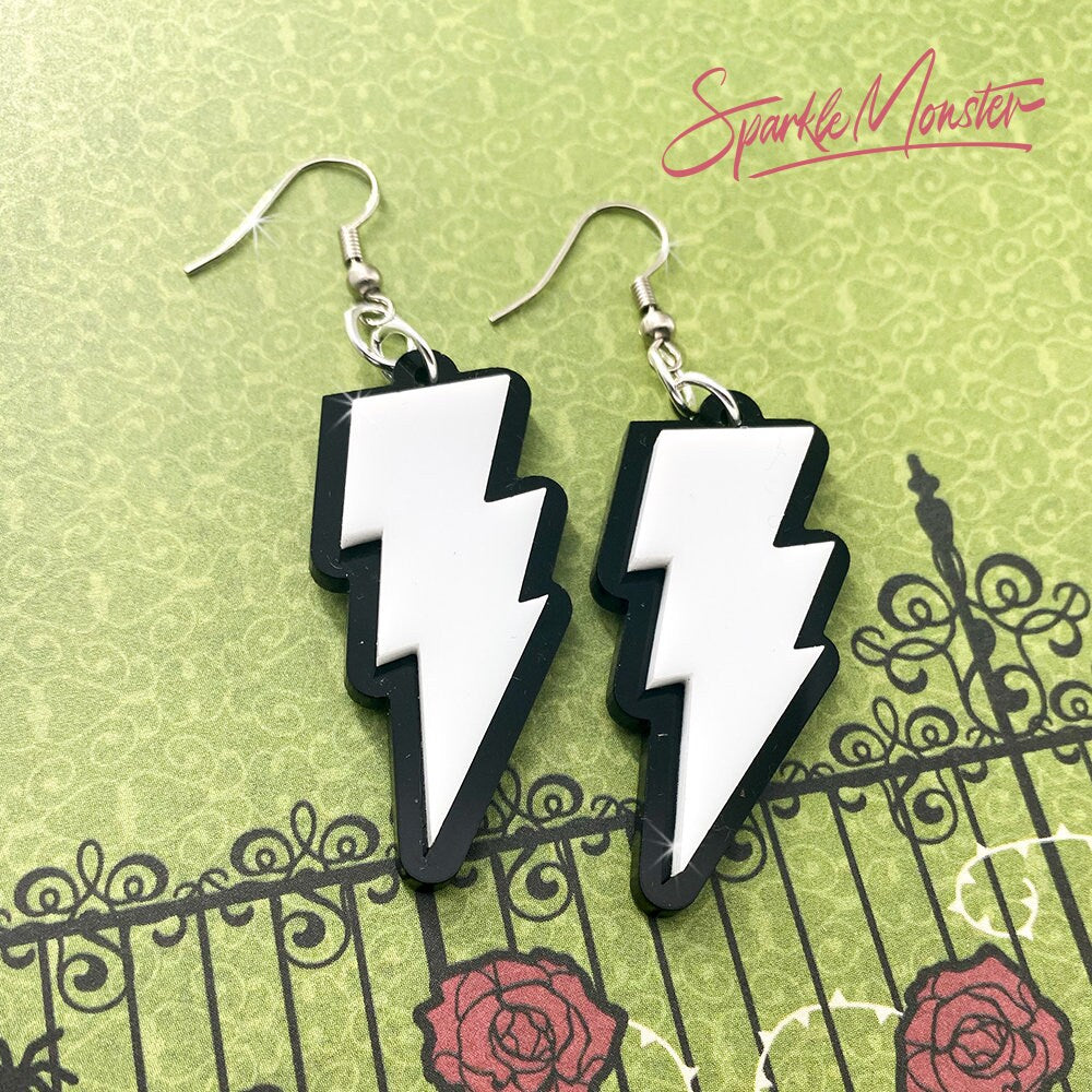 The David earrings, laser cut acrylic, lightning bolts, black and white, dangle, funny