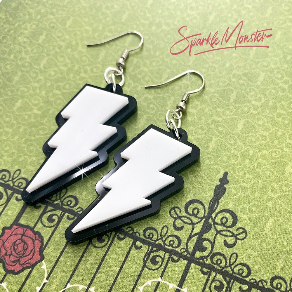 The David earrings, laser cut acrylic, lightning bolts, black and white, dangle, funny