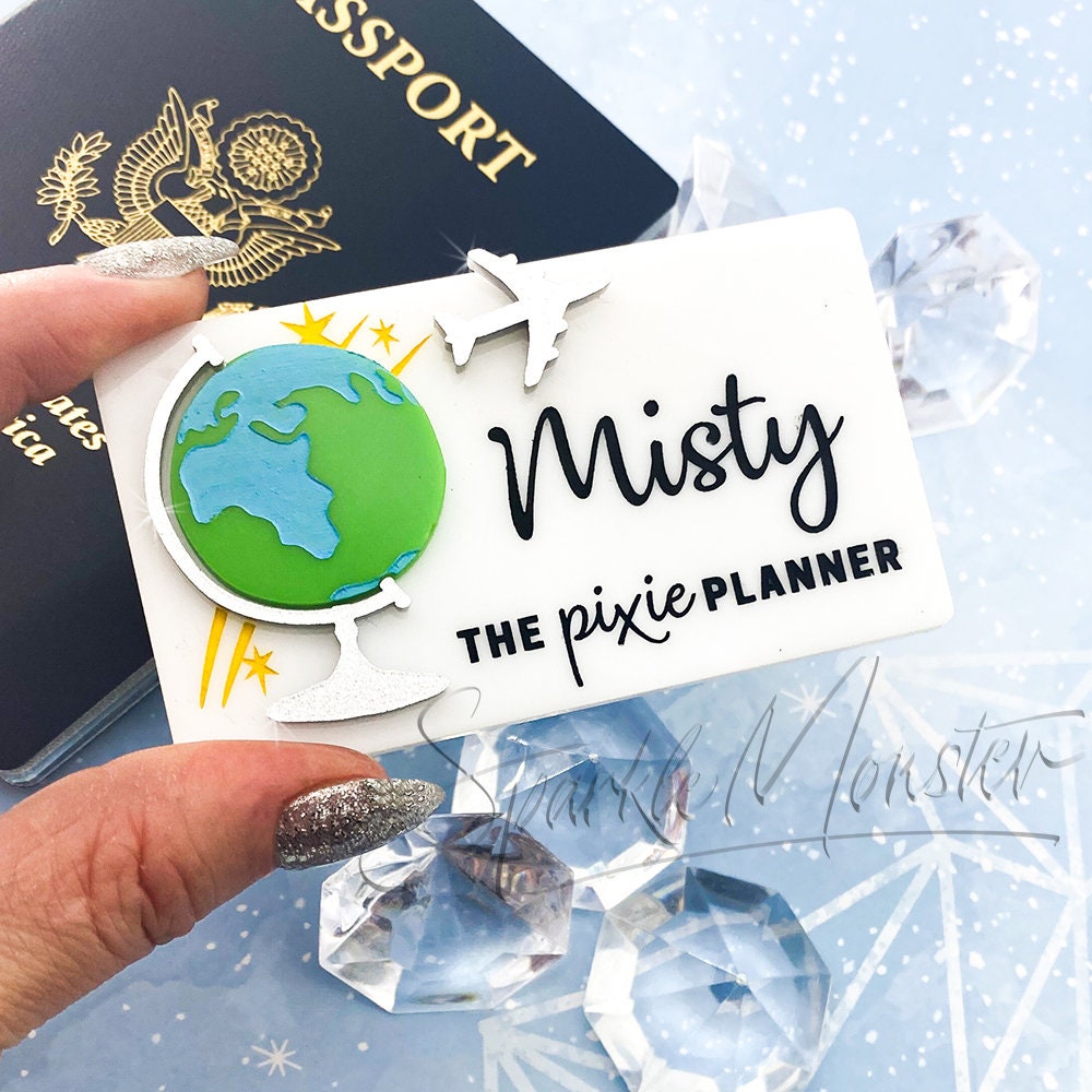 Pixie Planner laser cut acrylic name tag, brooch, globe, logo, official, vacation planner