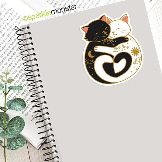 Yin and Yang Cats vinyl sticker, waterproof,  high quality, hugging, car, laptop, tumbler, black and white