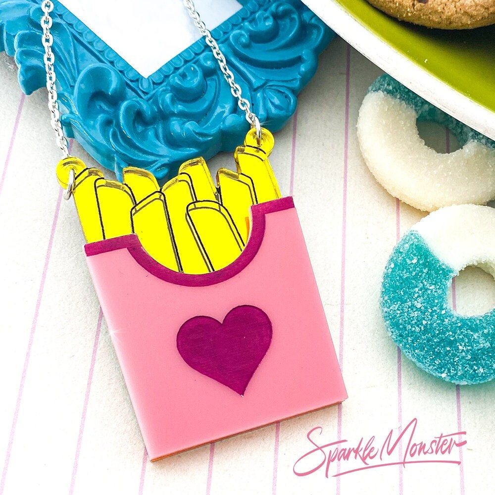 French Fries Necklace, laser cut acrylic pendant, junk food, yellow, pink, fry
