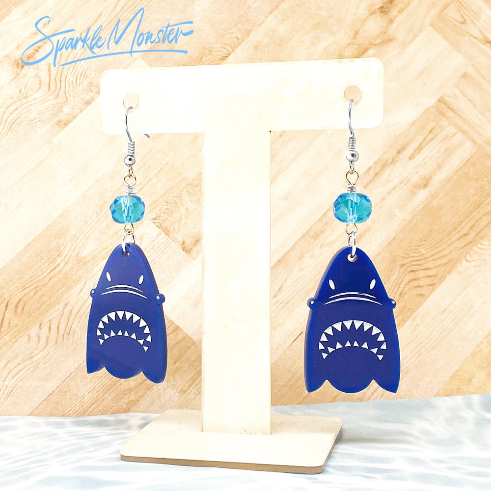 Show Me Your Teeth - shark earrings with crystals, laser cut acrylic, dark blue, ocean, Shark Week