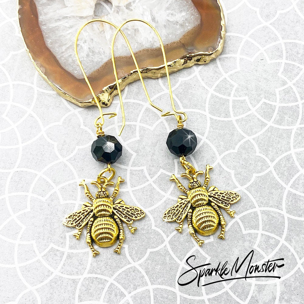 Bumble Bee Babe - dangle earrings, black crystals, gold, honey, spring
