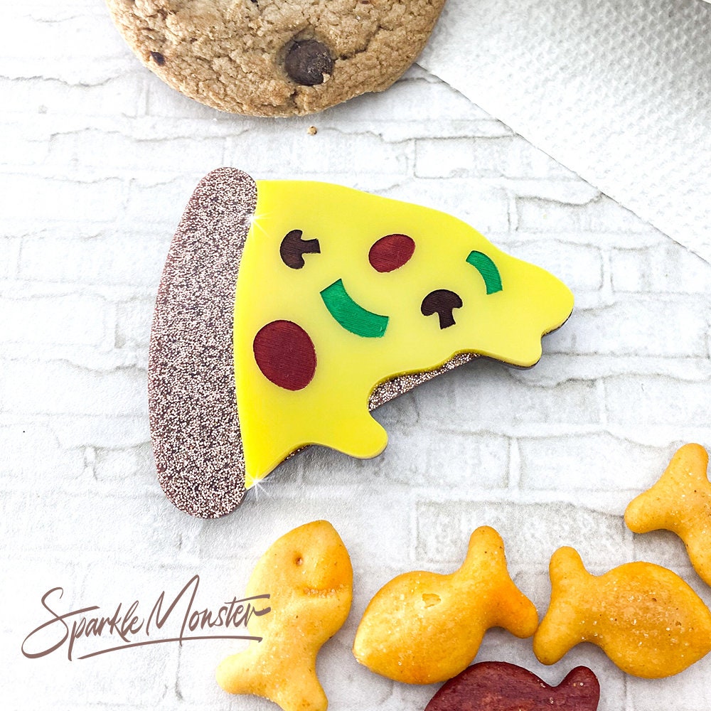 Pizza Brooch with magnetic black, laser cut acrylic, junk food, fun, kitschy