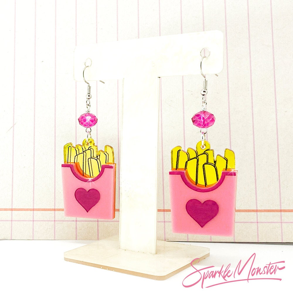 French Fries Earrings, laser cut acrylic charms, fast food, fun, kitsch