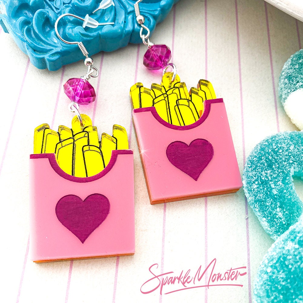 French Fries Earrings, laser cut acrylic charms, fast food, fun, kitsch