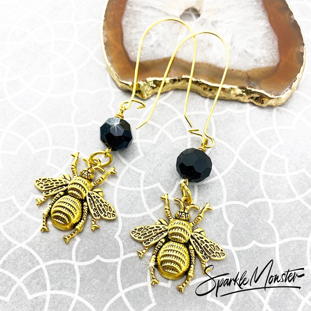 Bumble Bee Babe - dangle earrings, black crystals, gold, honey, spring