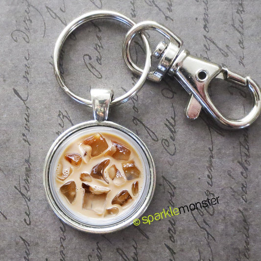 Iced Coffee, 25mm glass tile keychain, silver, large swivel lobster claw, caffeine, latte lover