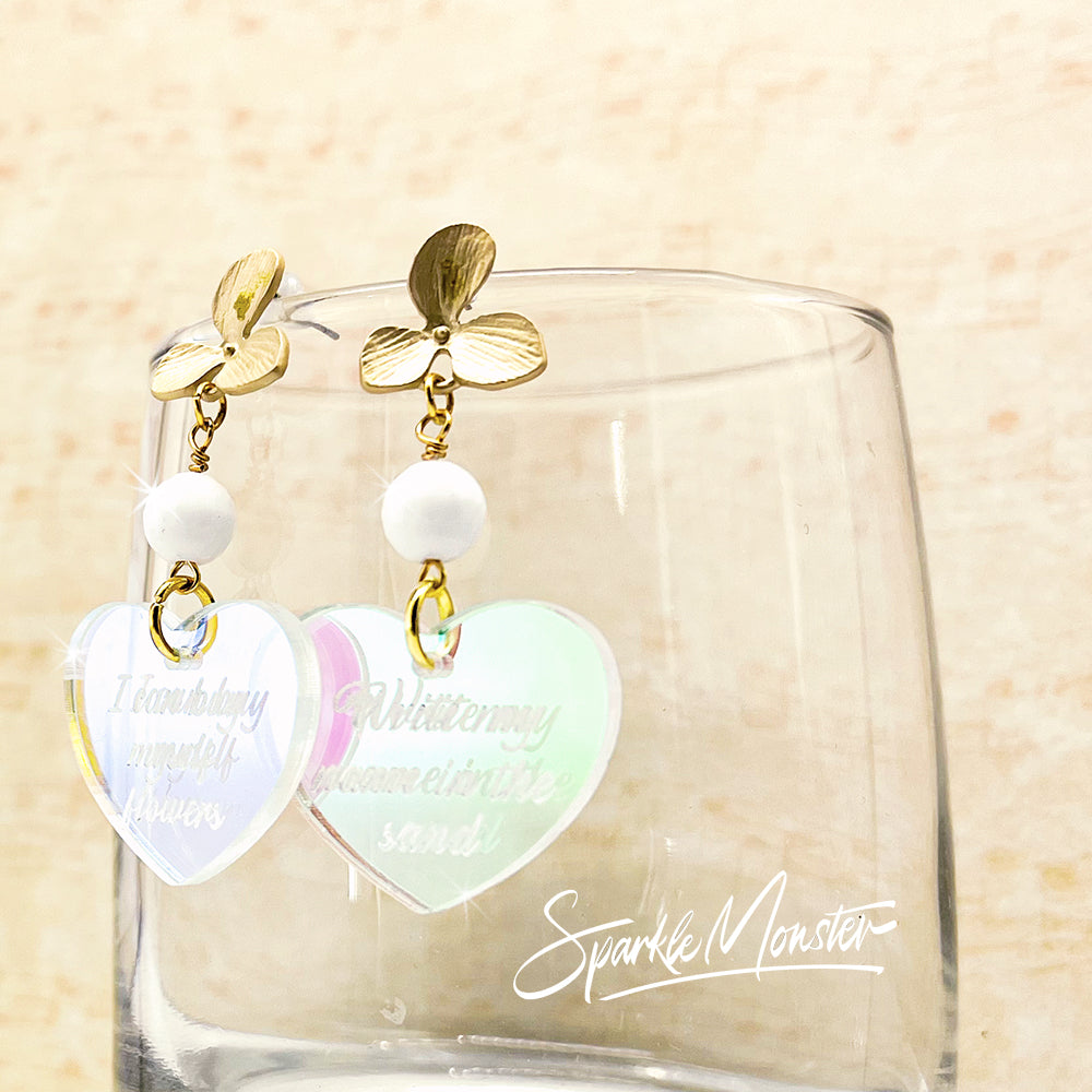 I Can Buy My Own Flowers dangle earrings, iridescent laser cut acrylic, heart, post back