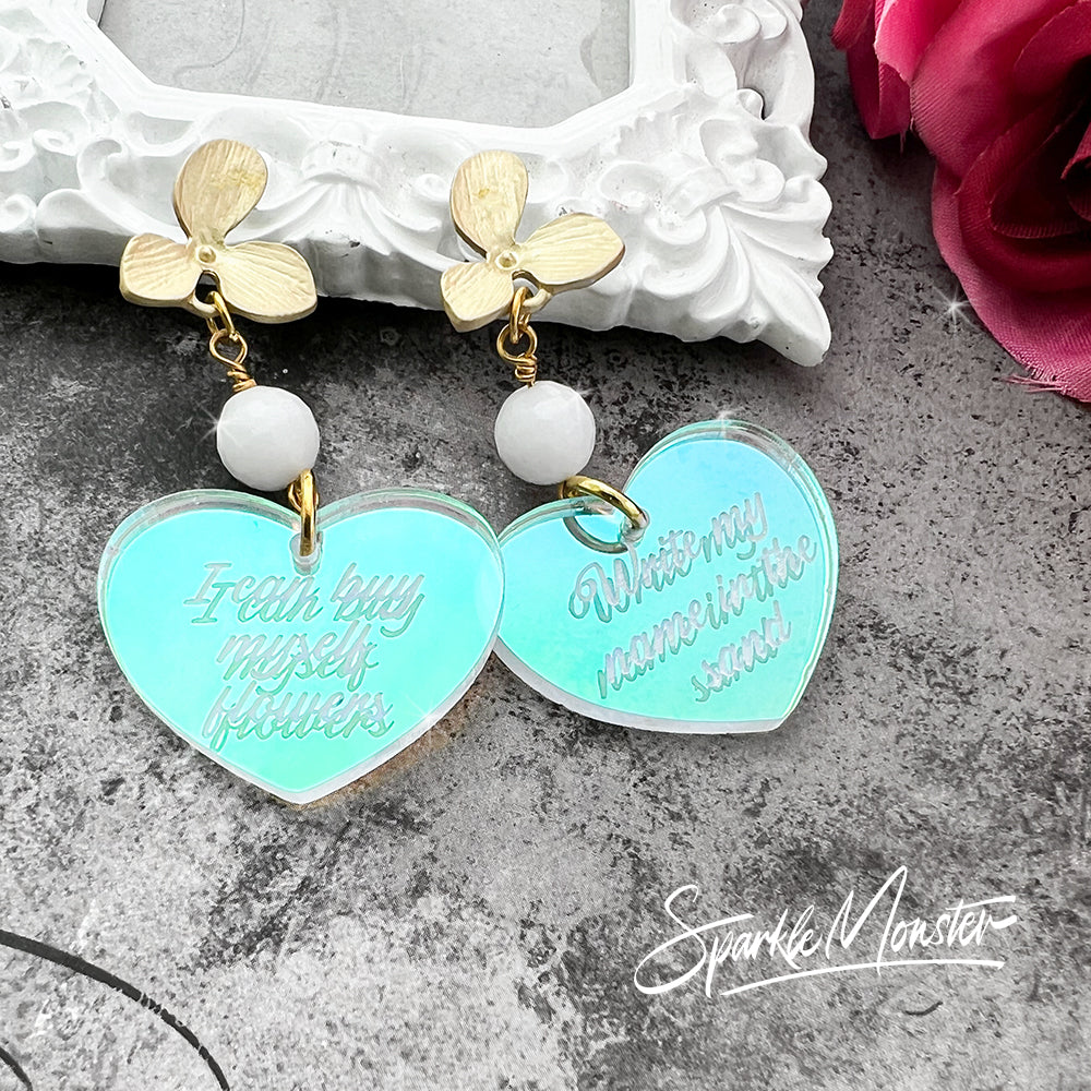I Can Buy My Own Flowers dangle earrings, iridescent laser cut acrylic, heart, post back