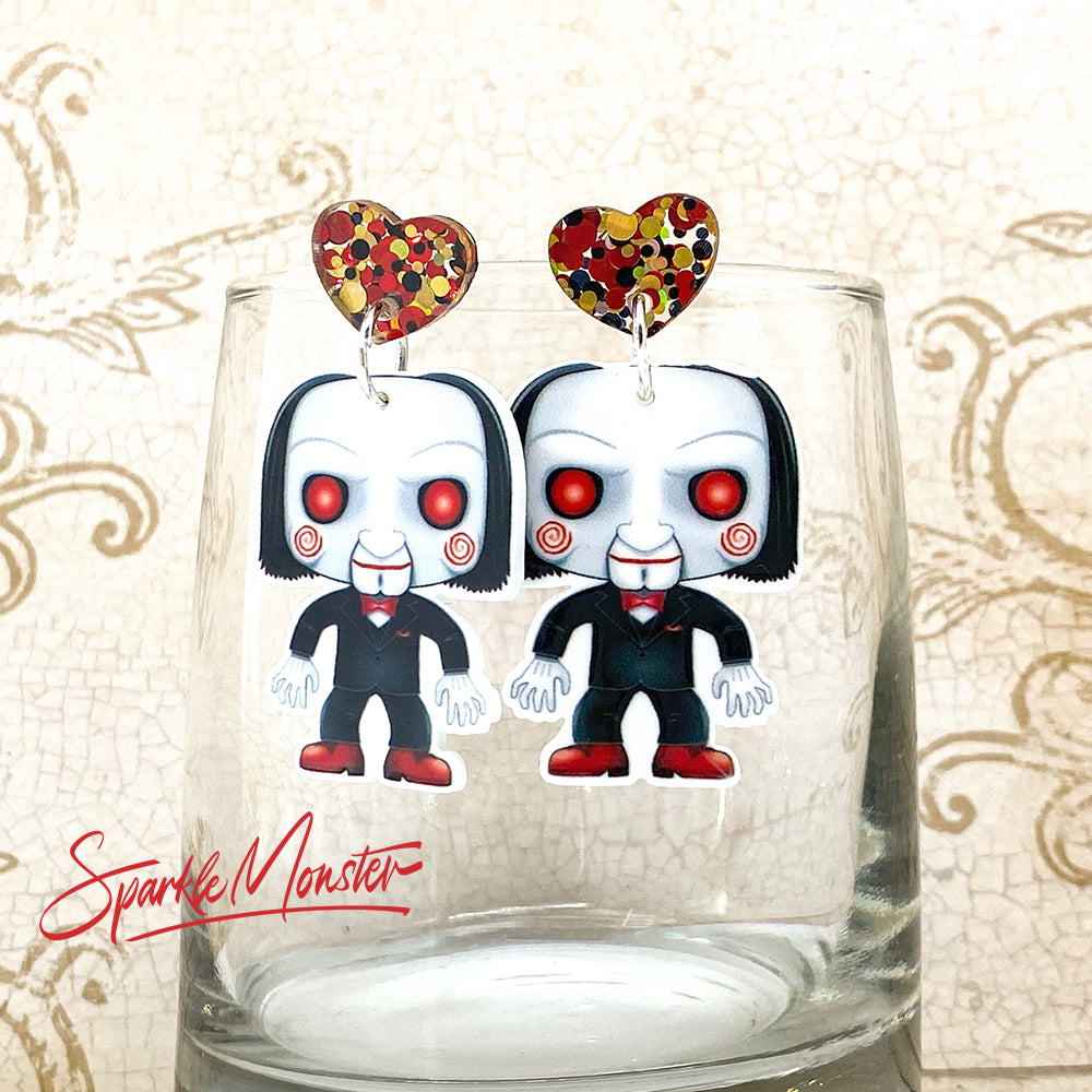 I Want To Play A Game - acrylic earrings, laser cut, glitter hearts, Jigsaw killer, charms, Saw movie