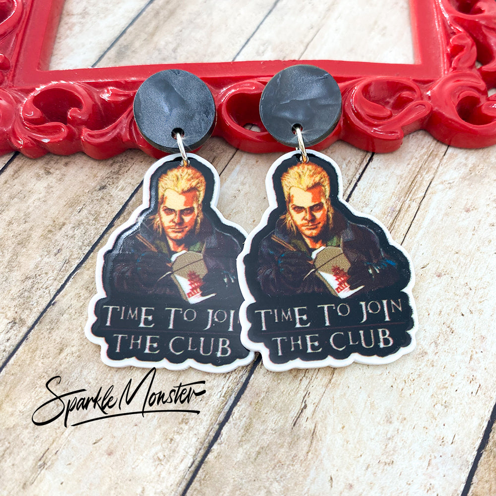 Sleep All Day, Party All Night - vampire earrings, laser cut acrylic, black pearl, charms, movie