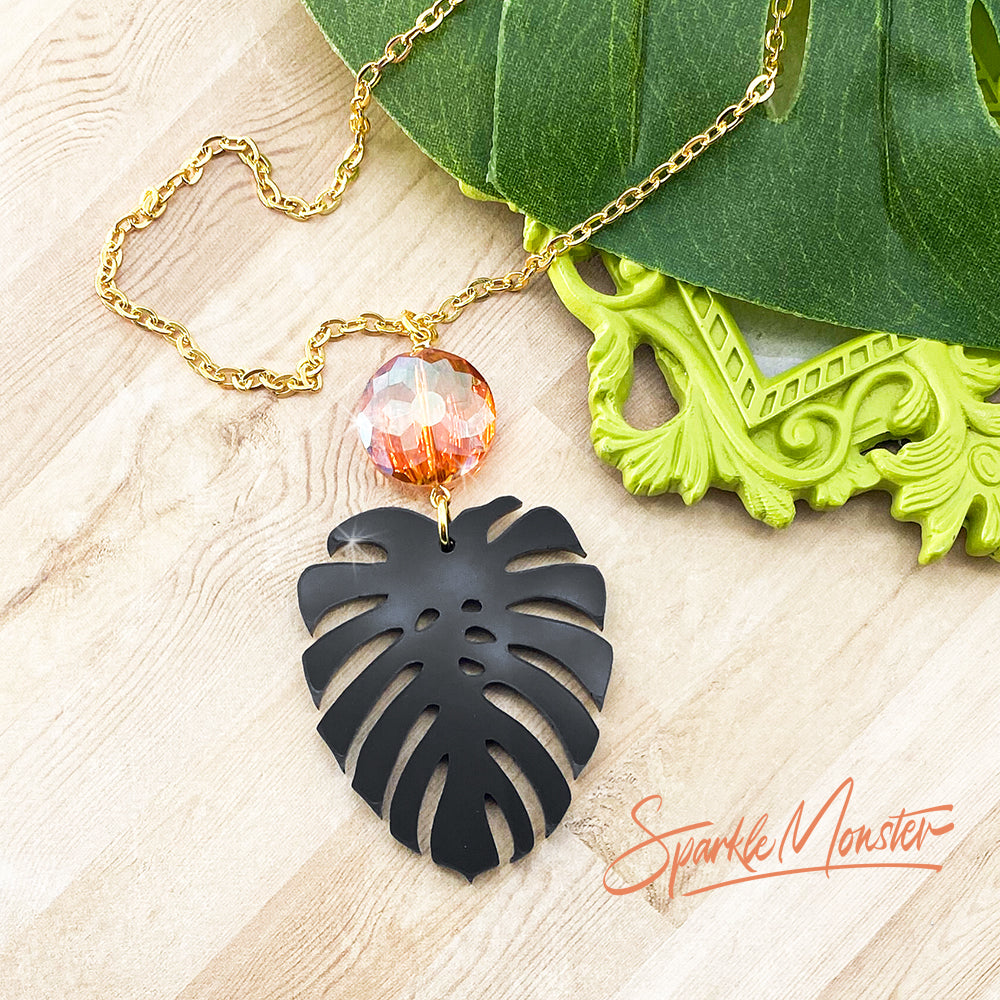 Black Sunset Monstera Leaf Necklace, laser cut acrylic, charm, genuine crystals, boho, tropical