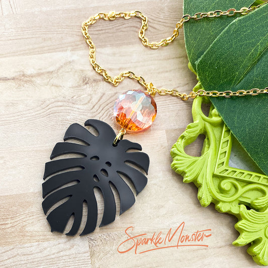 SALE Black Sunset Monstera Leaf Necklace, laser cut acrylic, charm, genuine crystals, boho, tropical