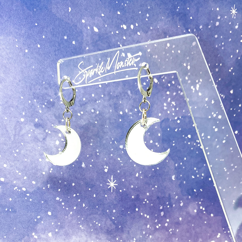 Moon Huggies, small hoop earrings, hinge back, silver mirror, petite, cute, witchy
