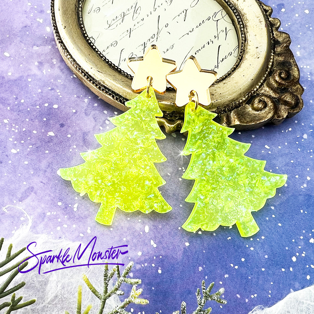 Neon Green Glitter Christmas Tree with Gold Star toppers, dangle earrings, laser cut acrylic, holiday party