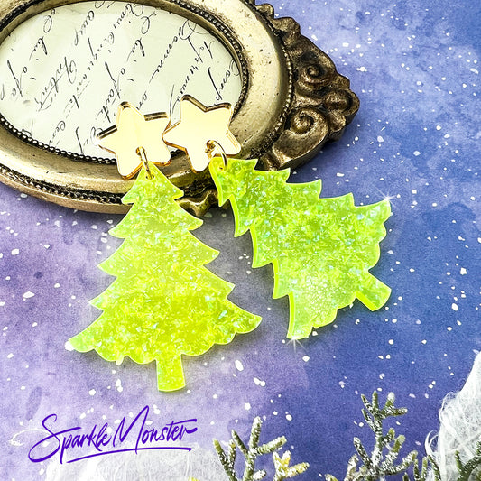 Neon Green Glitter Christmas Tree with Gold Star toppers, dangle earrings, laser cut acrylic, holiday party