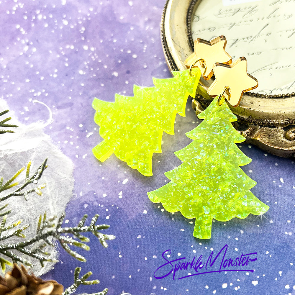 Neon Green Glitter Christmas Tree with Gold Star toppers, dangle earrings, laser cut acrylic, holiday party