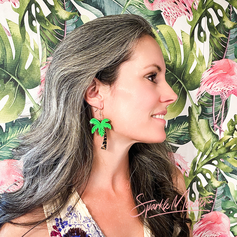 SALE Palm Trees of Honolulu, dangle earrings, laser cut acrylic, tropical, green pearl and bronze