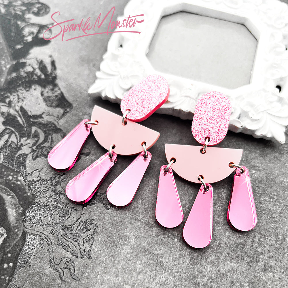 Shades of Pink dangle earrings, laser cut acrylic, post back, modern, geometric