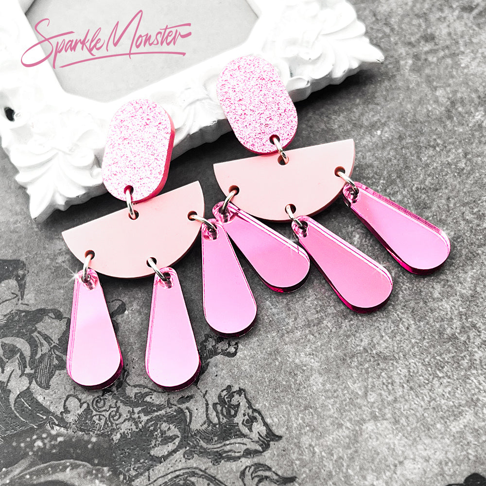 Shades of Pink dangle earrings, laser cut acrylic, post back, modern, geometric