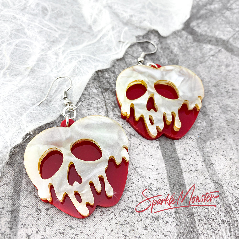 Red Poison Apple earrings, laser cut acrylic, witchy, pearl, movie inspired