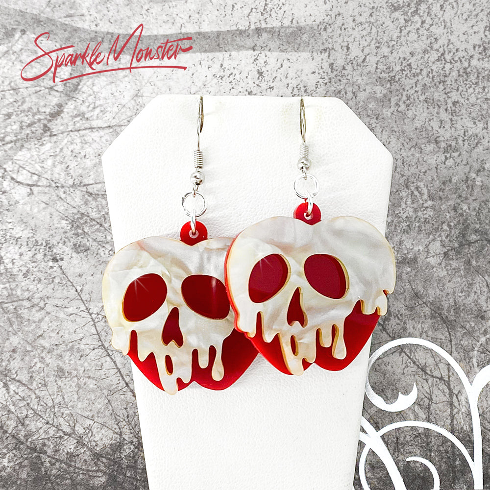 Red Poison Apple earrings, laser cut acrylic, witchy, pearl, movie inspired