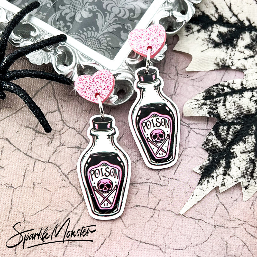 Poison Bottle - dangle earrings, pink, hearts, laser cut acrylic, goth, spooky