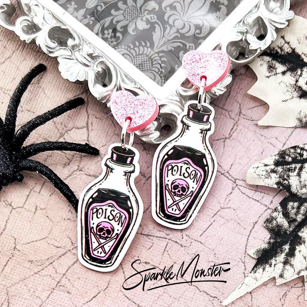 Poison Bottle - dangle earrings, pink, hearts, laser cut acrylic, goth, spooky