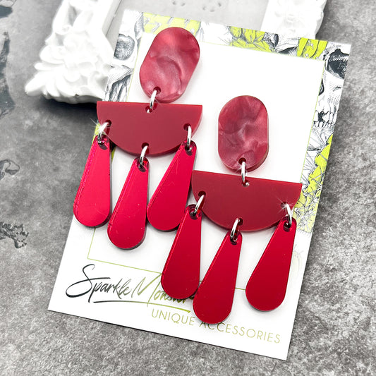 Shades of Red dangle earrings, laser cut acrylic, post back, modern, geometric