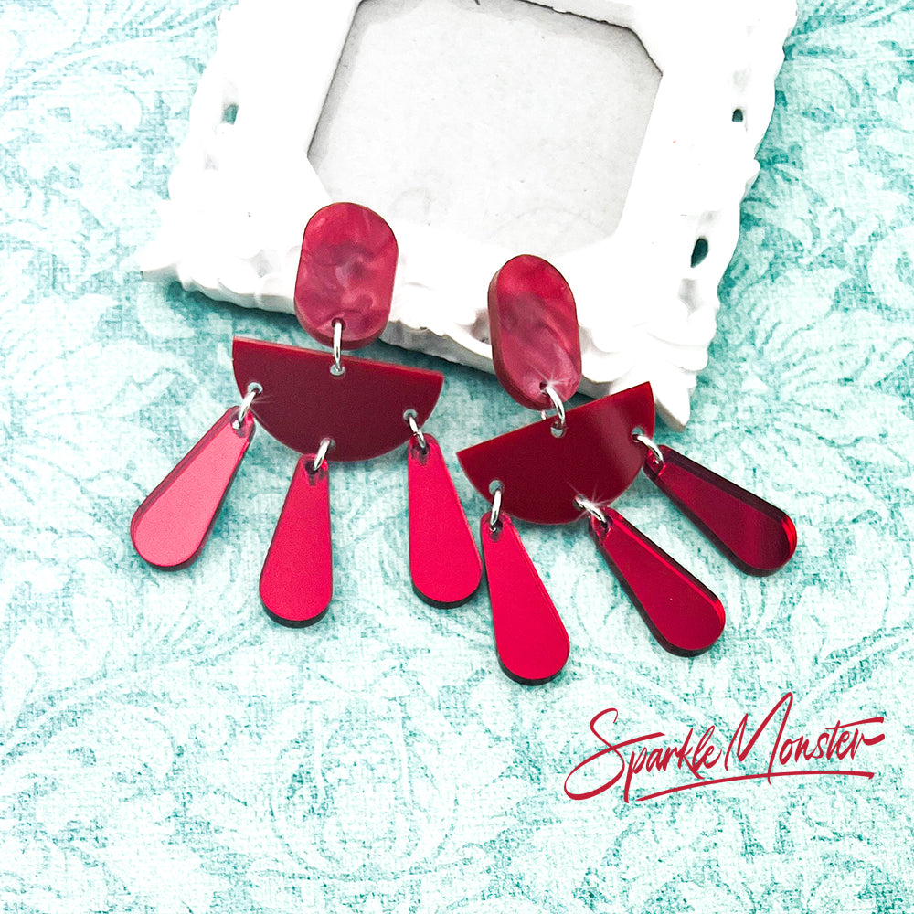 Shades of Red dangle earrings, laser cut acrylic, post back, modern, geometric