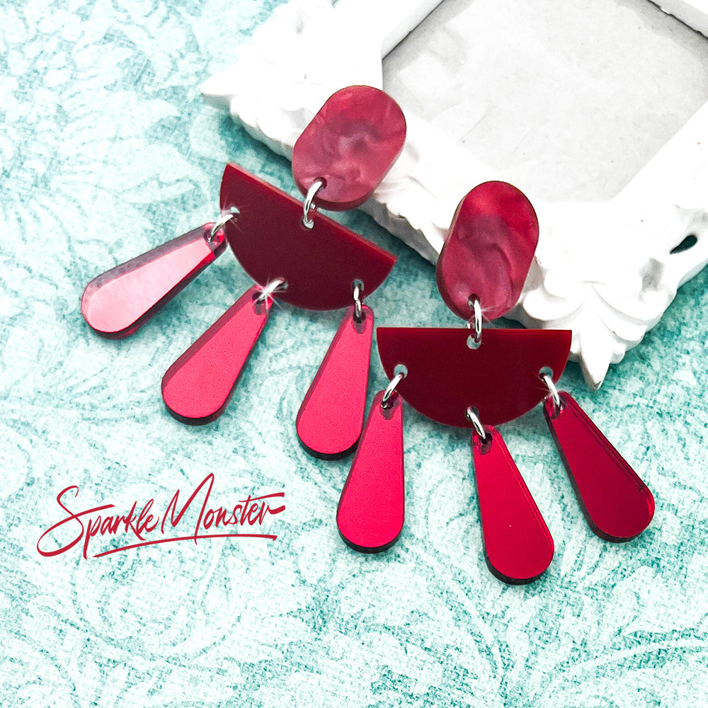 Shades of Red dangle earrings, laser cut acrylic, post back, modern, geometric