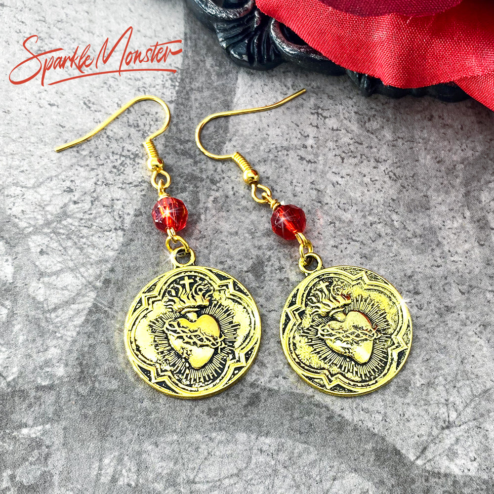 SALE Sacred Heart Earrings in Gold with Red Crystals - dangle earrings, metal alloy charms