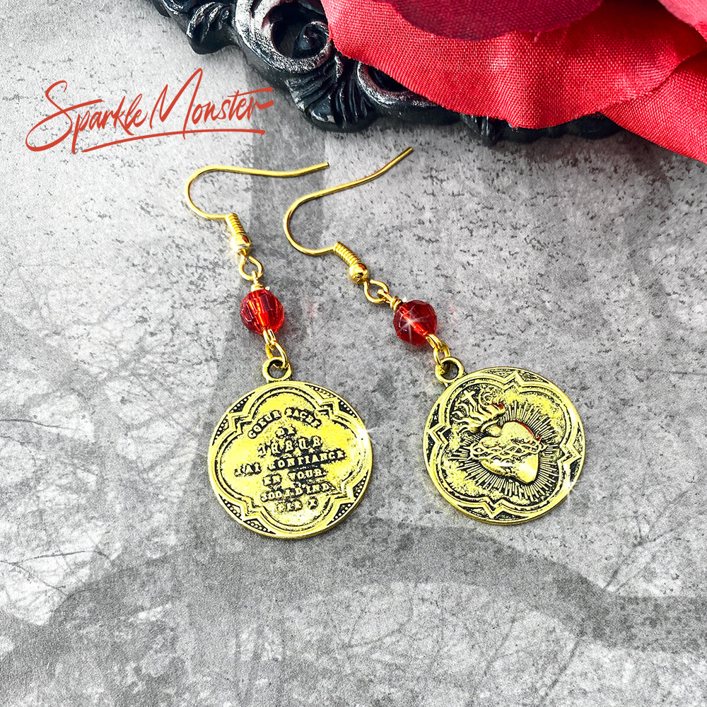 Sacred Heart Earrings in Gold with Red Crystals - dangle earrings, metal alloy charms