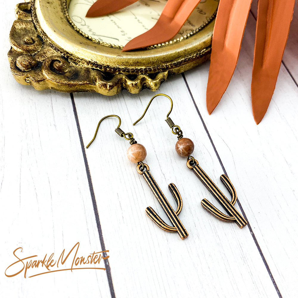 SALE Modern Cactus Earrings in Antique Copper and Rosy Brown Stone - dangle earrings, metal charms, stone beads
