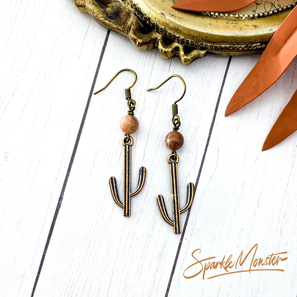 Modern Cactus Earrings in Antique Copper and Rosy Brown Stone - dangle earrings, metal charms, stone beads