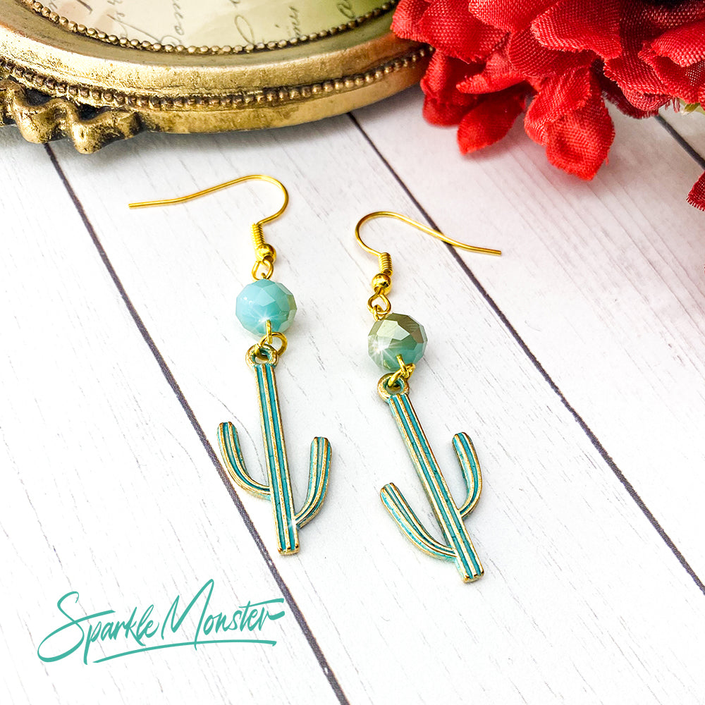 SALE Modern Cactus Earrings in Light Gold and Sky Blue
