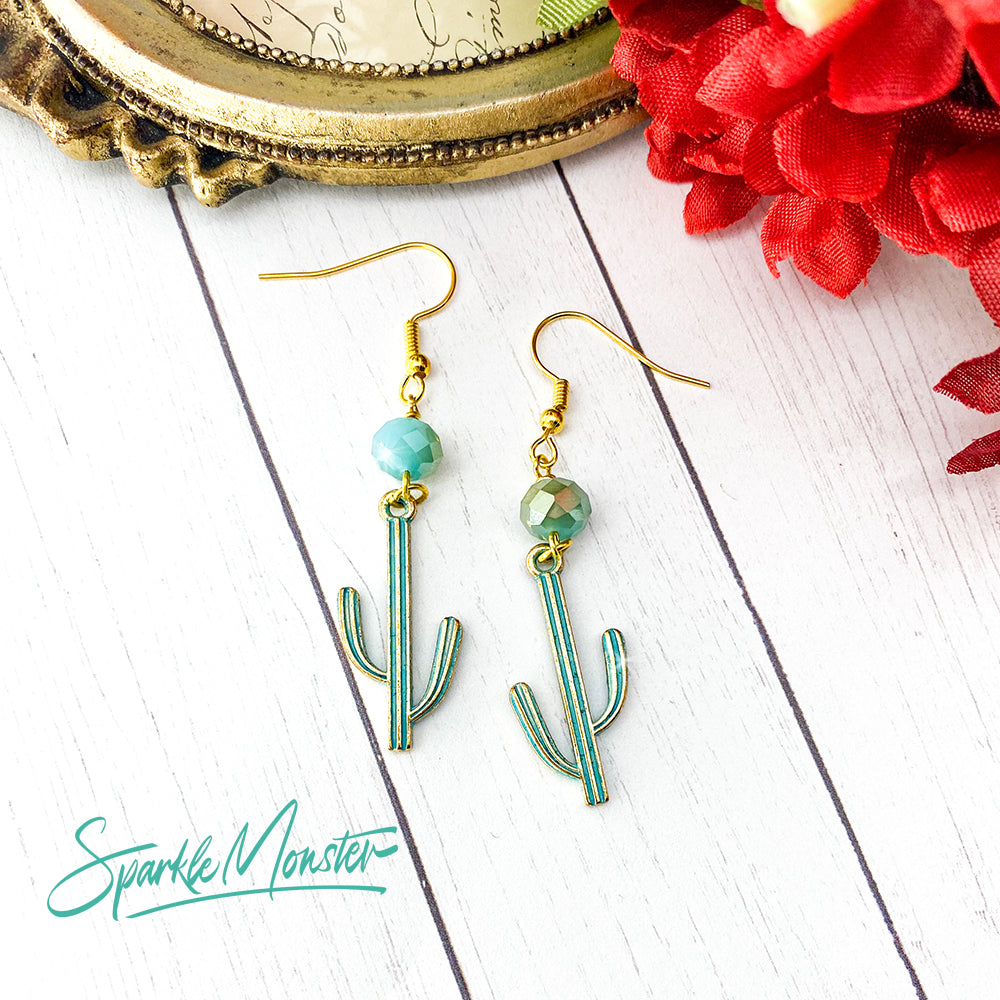 Modern Cactus Earrings in Light Gold and Sky Blue - dangle earrings, light gold alloy charms, light blue & gold AB crystals