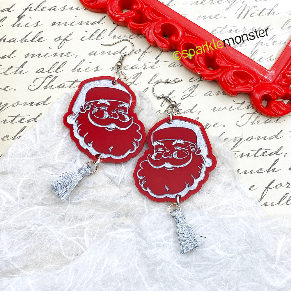 Large Classic Santa Dangle Earrings with festive tinsel, laser cut acrylic