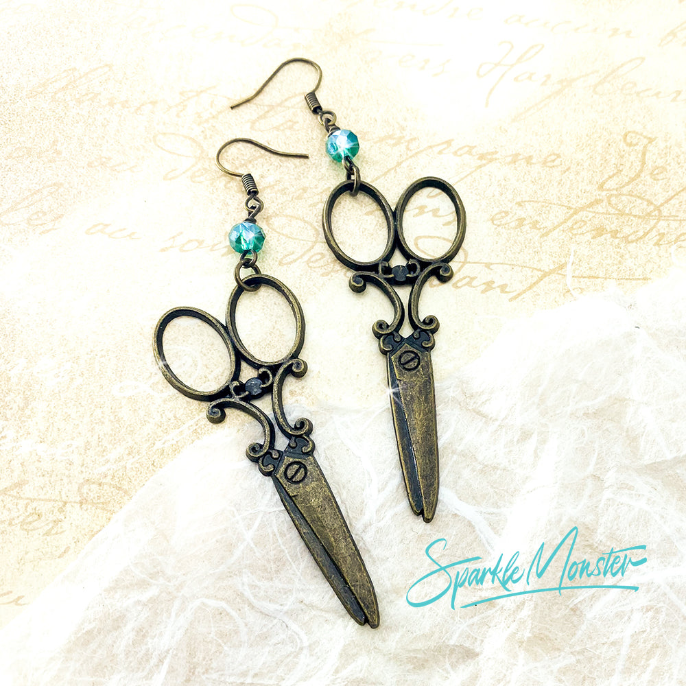 SALE Hair Dresser Shears dangle earrings with teal crystals