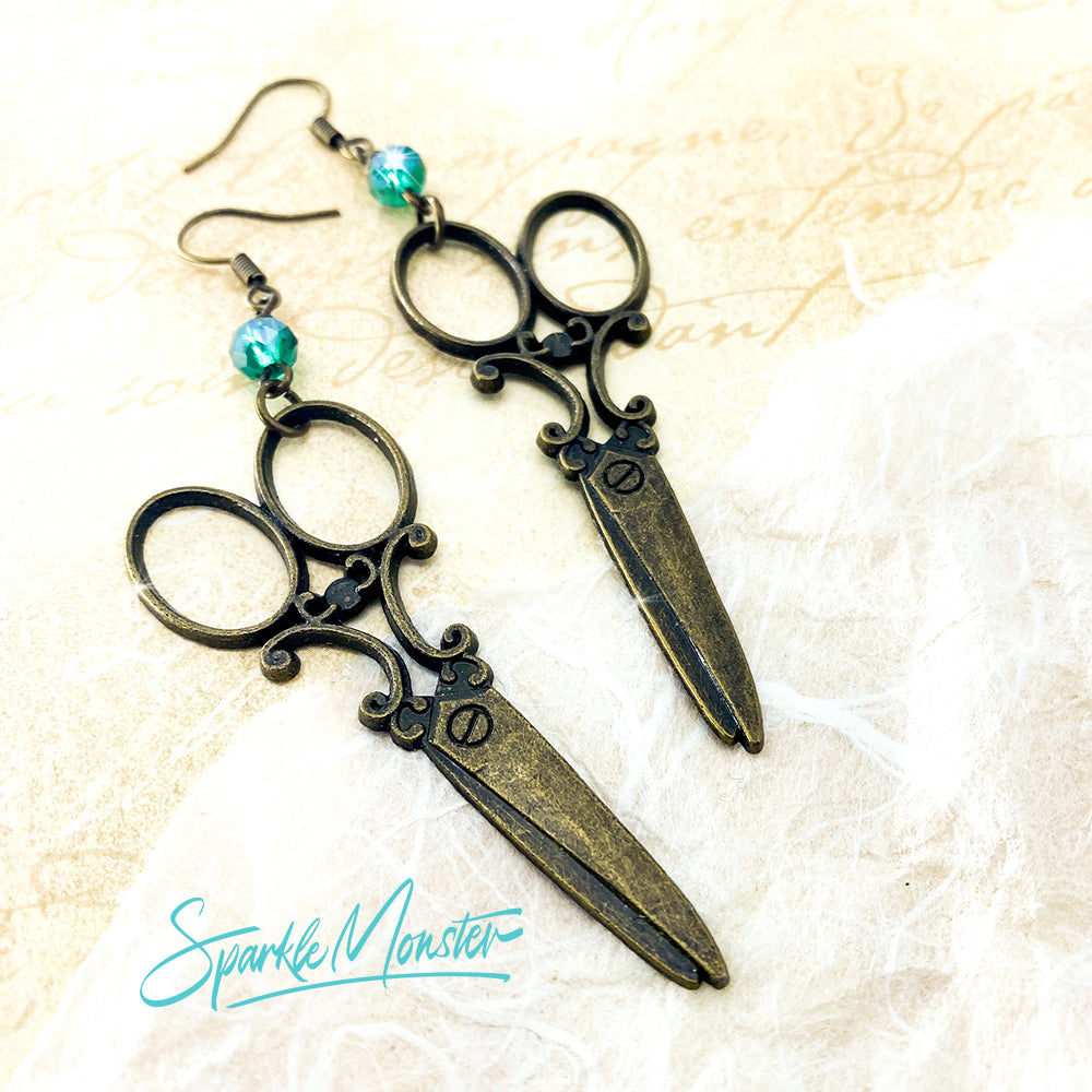 SALE Hair Dresser Shears dangle earrings with teal crystals
