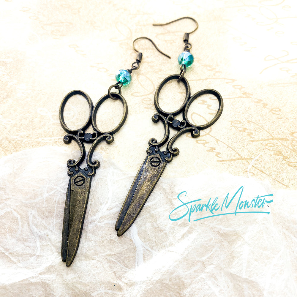 Hair Dresser Shears - dangle earrings, bronze alloy charms, teal crystals