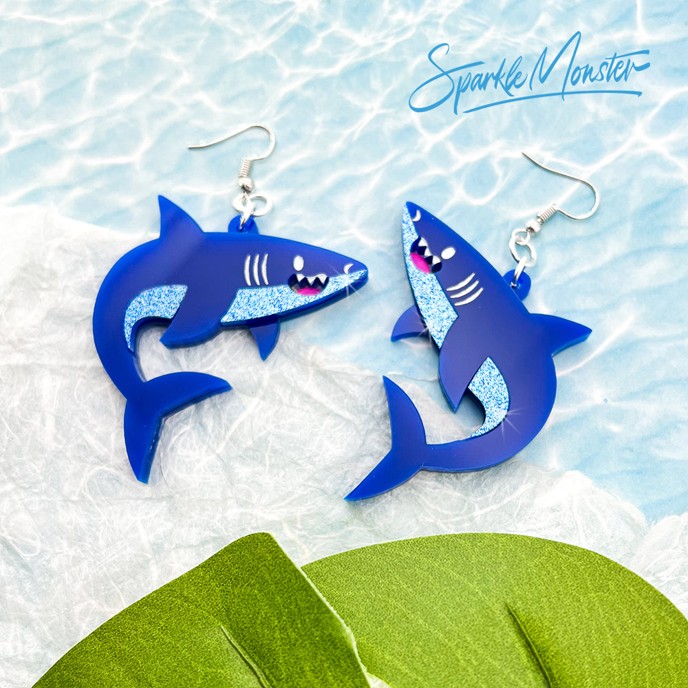 Sammael the Shark, dangle earrings, laser cut acrylic, cute, ocean, Shark Week, donation, blue
