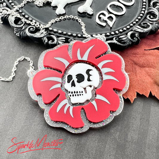 Skull Rose necklace, laser cut acrylic, red, glitter, goth